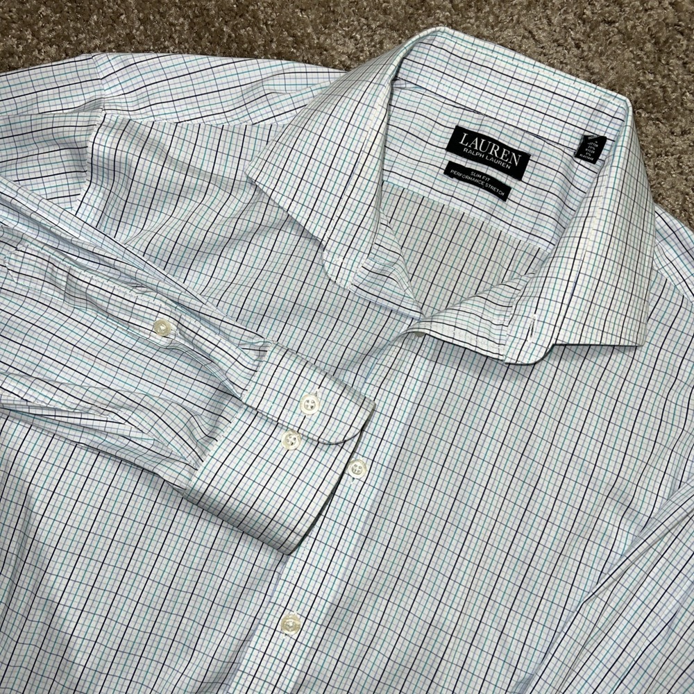 Lauren Ralph Lauren Mens Slim Fit Performance Stretch Button Down White Blue XL